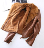 Veste courte en simili cuir avec grand col en fourrure femme hiver 2020