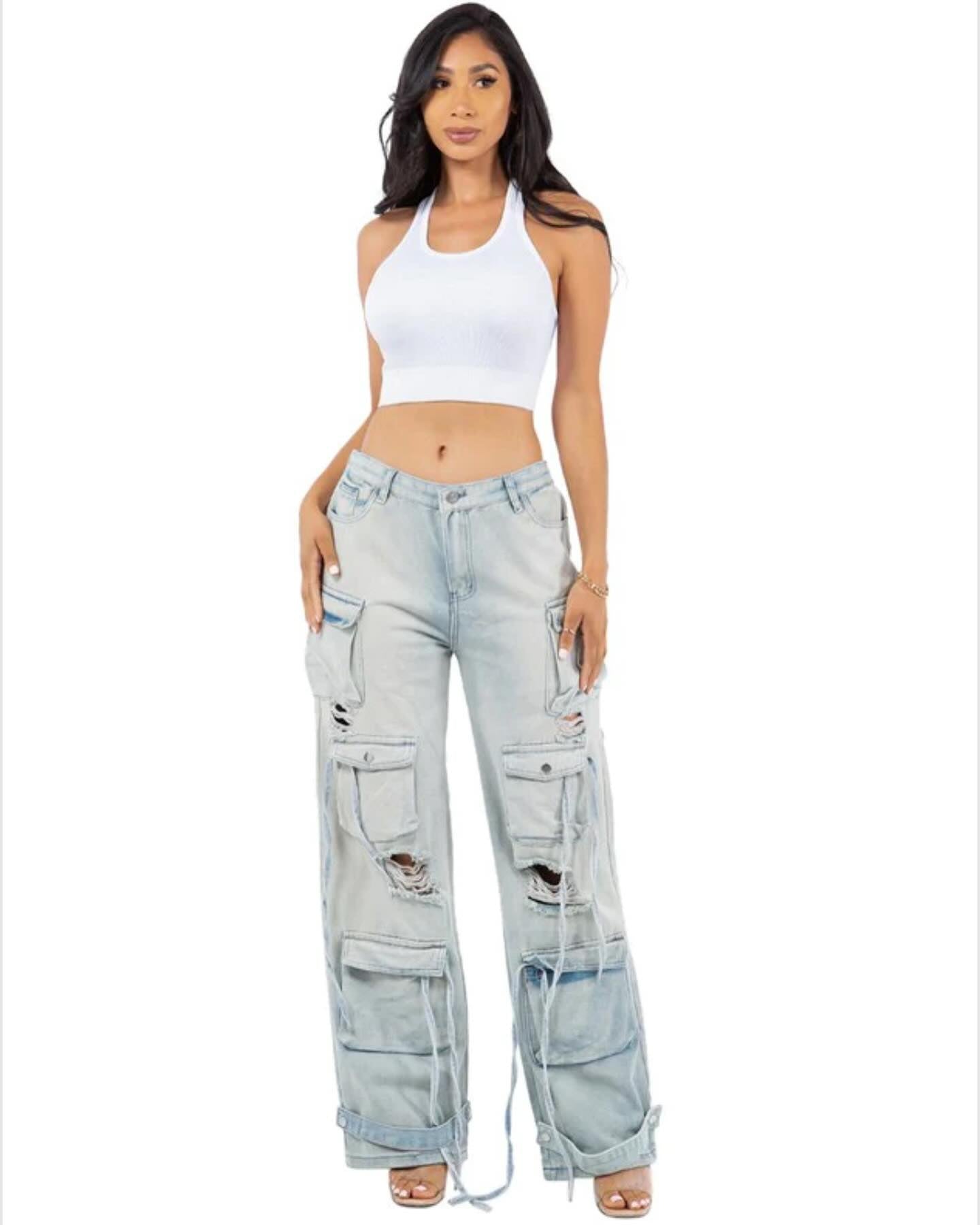 Washed blue cargo jeans for women