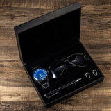 Caja regalo reloj + gafas de sol + bolígrafo + gemelos para hombre 