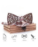 Bow tie box with wooden cufflinks and matching handkerchief