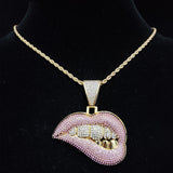 ICE silver plated chain with diamond grillz woman's luscious mouth pendant for men and women