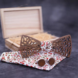 Caja de pajarita con gemelos de madera y pañuelo a juego