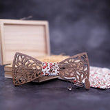 Bow tie box with wooden cufflinks and matching handkerchief