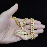ICE chaîne plaqué argent avec pendentif bouche pulpeuse de femme grillz en diamant pour homme et femme