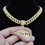 ICE silver plated chain with diamond grillz woman's luscious mouth pendant for men and women