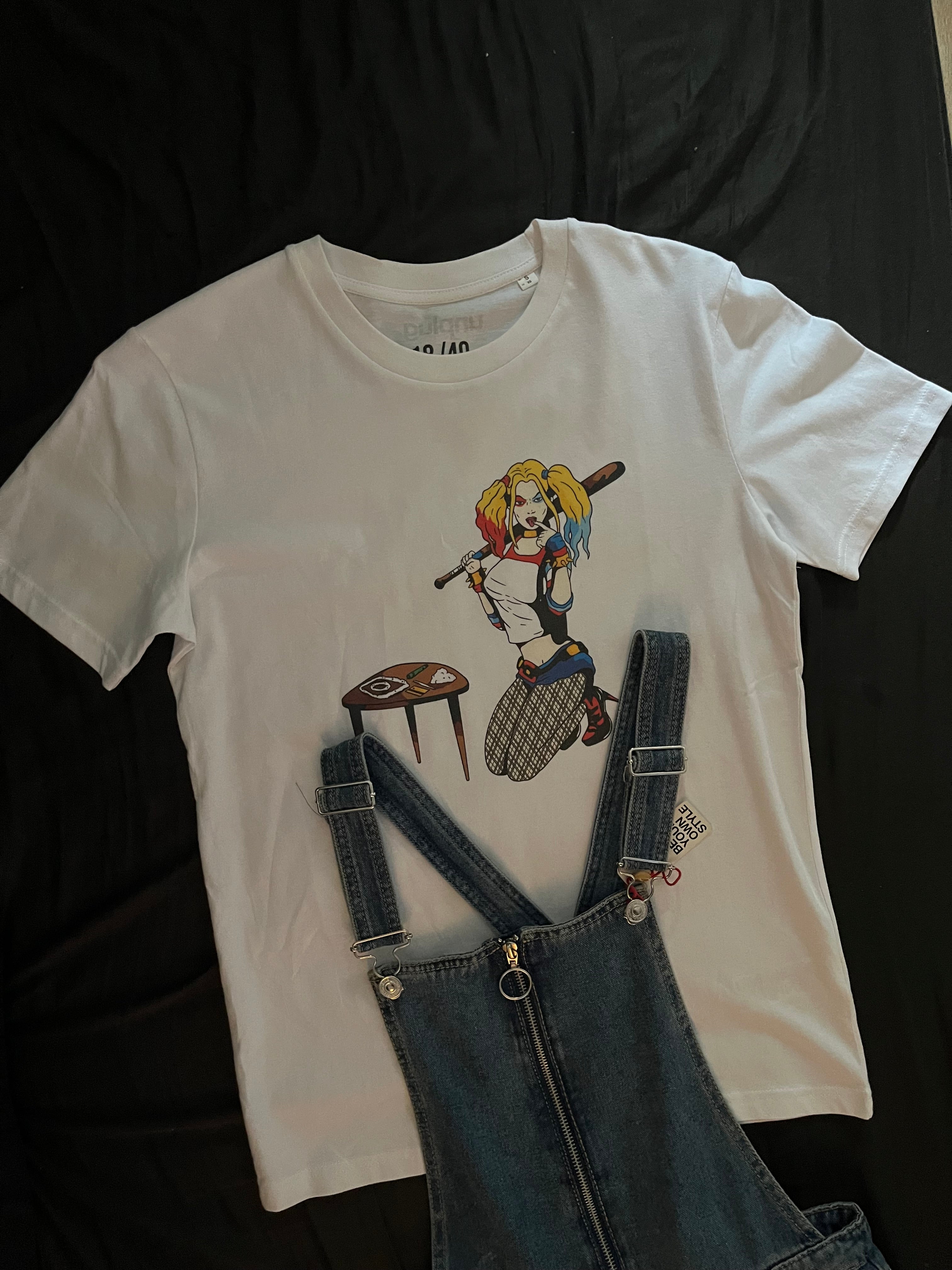 Camiseta blanca Harley Quinn de manga corta para mujer