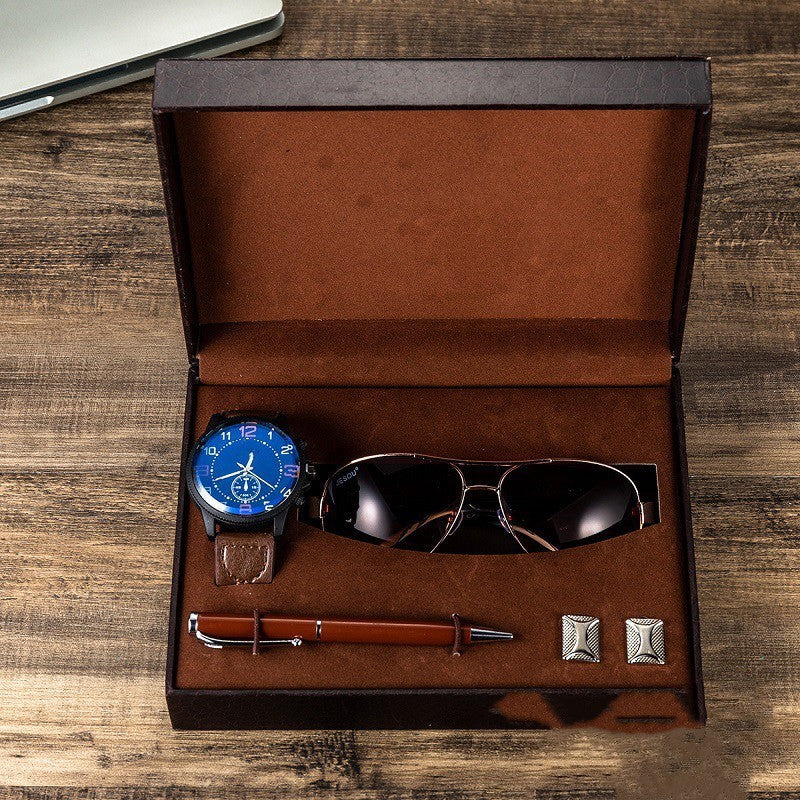 Caja regalo reloj + gafas de sol + bolígrafo + gemelos para hombre 