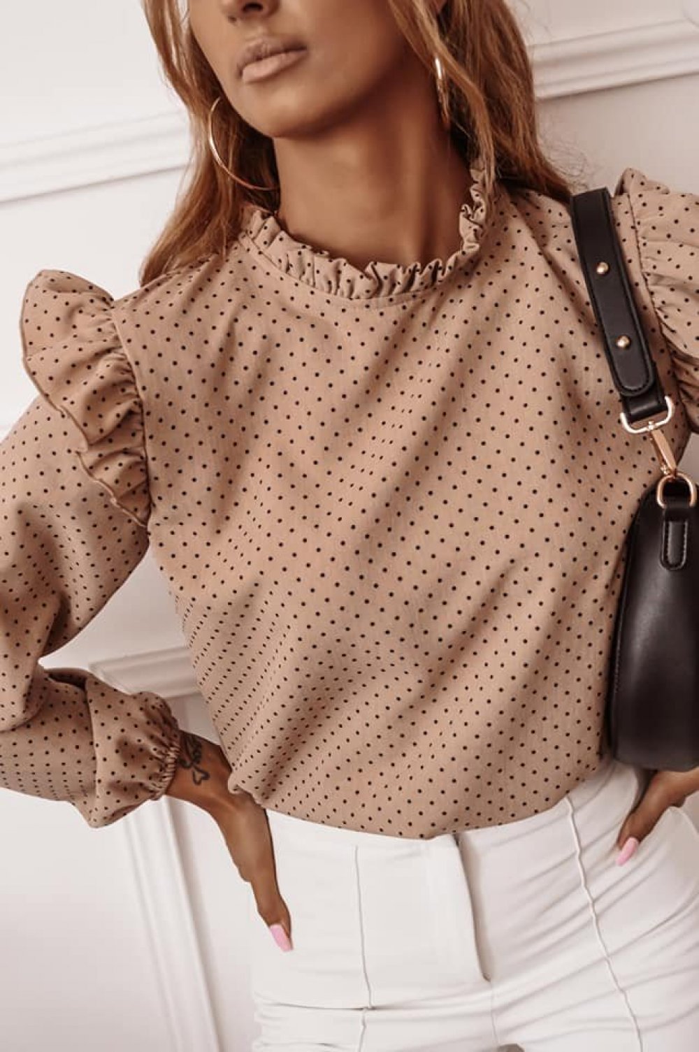 Polka dot button blouse with long sleeve ruffle for women