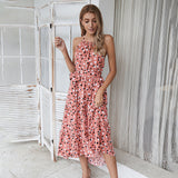 Long sleeveless dress with round neck and polka dot print for women for summer.