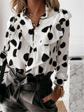 Polka dot button blouse with long sleeve ruffle for women