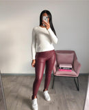Burgundy split faux leather skai pants for women