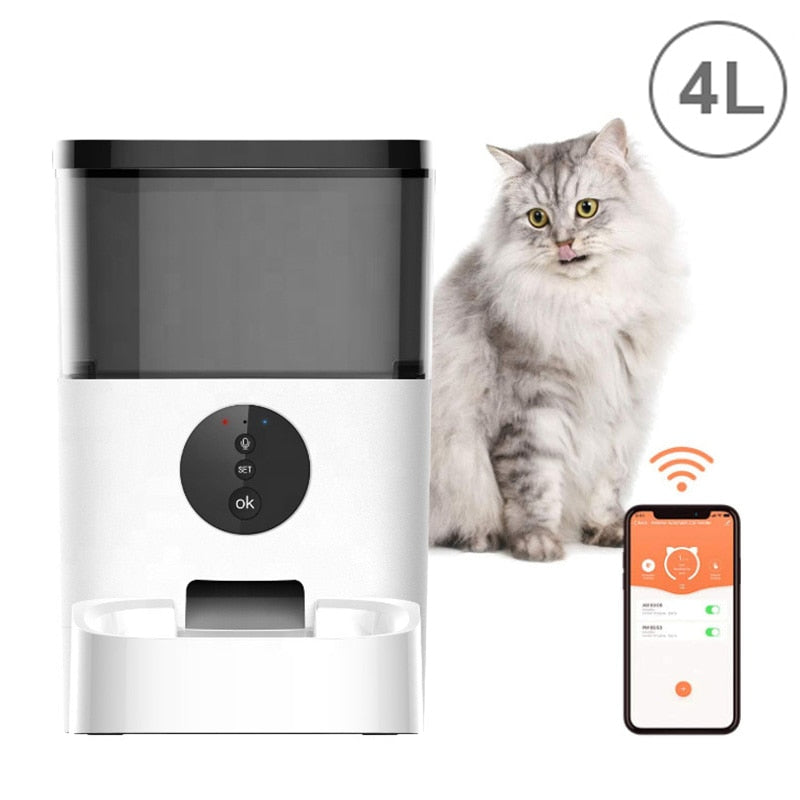 Intelligent automatic cat food dispenser via wifi or 6 L button programmable on smartphone