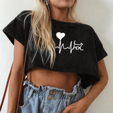 Mini t-shirt à manche courte noir cœur de chat pour femme