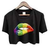 Very short black T-shirt with cutthroat mouth print for women