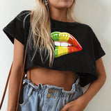 Very short black T-shirt with cutthroat mouth print for women
