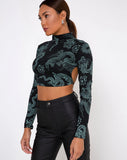 Dragon Print Backless Long Sleeve Round Neck Crop T-Shirt for Women