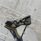 Square toe mesh high heel pumps with laces that tie at the ankles