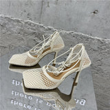 Square toe mesh high heel pumps with laces that tie at the ankles