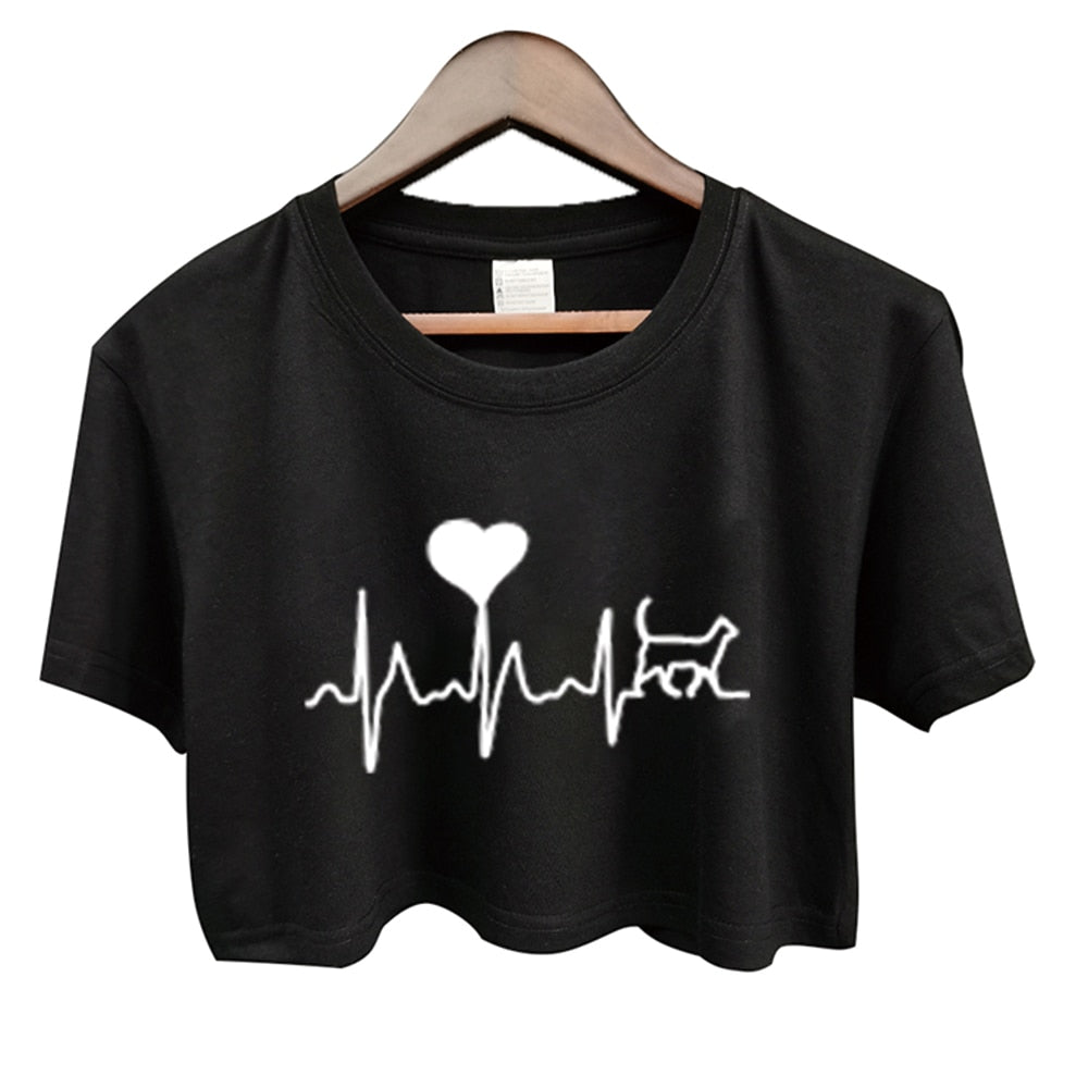 Camiseta mini negra de manga corta con corazón de gato para mujer