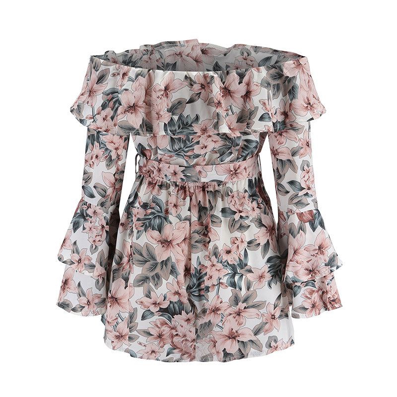 Bohemian floral long sleeve ruffle playsuit for women