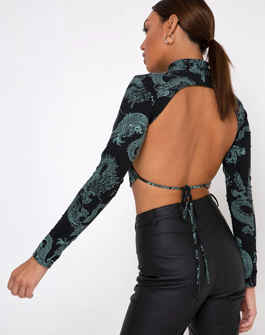Dragon Print Backless Long Sleeve Round Neck Crop T-Shirt for Women