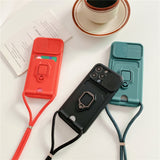 iPhone case with its strap across the shoulder, its card holder and its support ring for iPhone 14 to 8