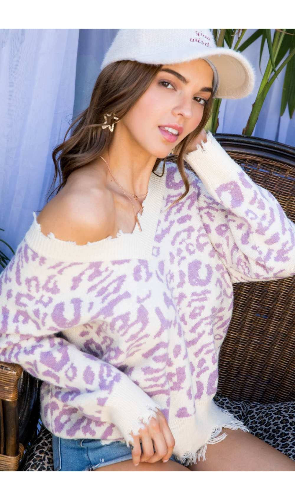 Leopard print V-neck sweater for women