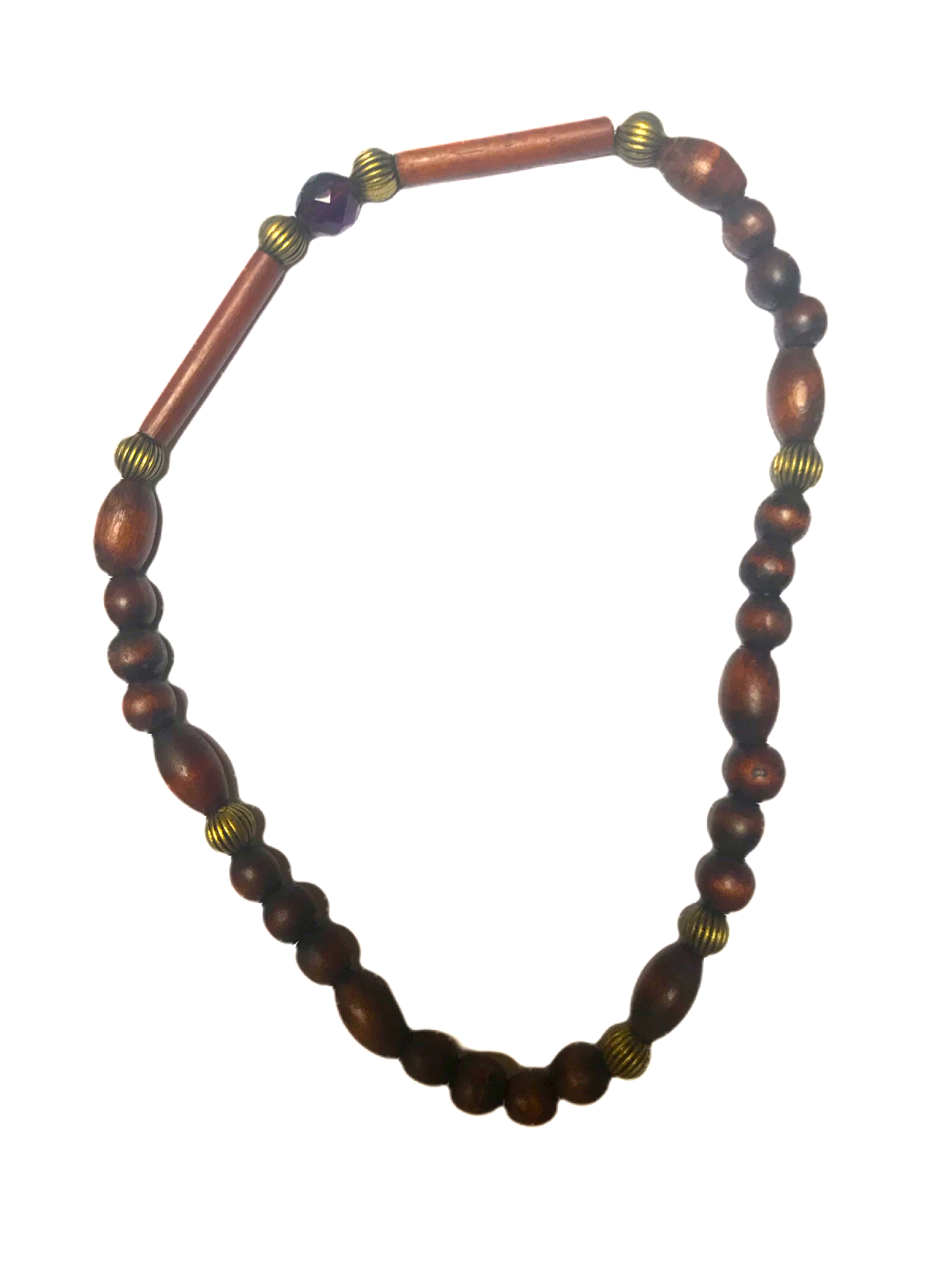 Bijou Noelya I.- Collier de perle en bois et métalliques dorées striés