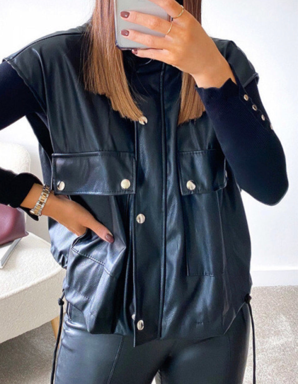 Women's black faux leather sleeveless mini jacket