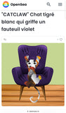 "CATCLAW" White tabby cat scratching a purple armchair