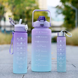 Set of 3 water bottles with graduated straws of 300 mL, 750 mL and 2 L reusable for sports
