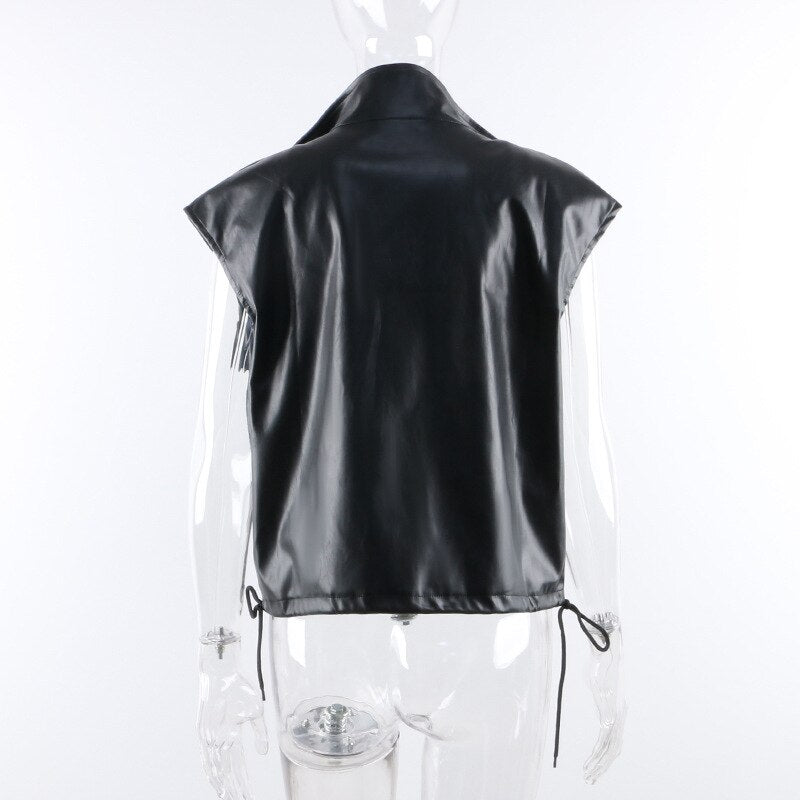 Fashionable black faux leather sleeveless biker jacket for women