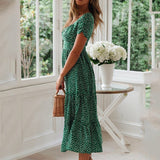 Long vintage floral dress with square collar and short puff sleeves for women - New summer 2022