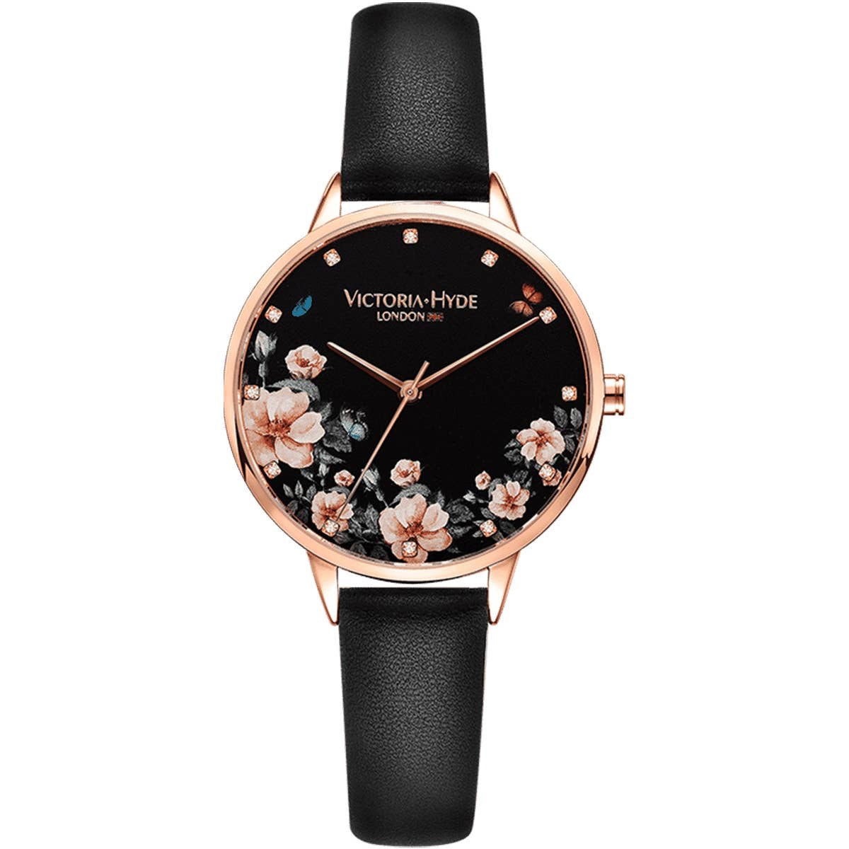 Victoria Hype London black and rose gold watch with flowers for women