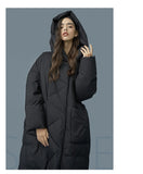 Hyper-wide and long hooded down jacket for women