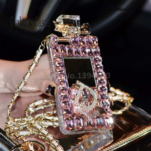 Coque en flacon de parfum de luxe en cristal et diamant avec chaîne en lanière pour femme - iPhone