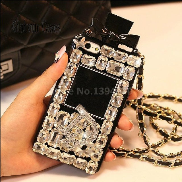 Coque en flacon de parfum de luxe en cristal et diamant avec chaîne en lanière pour femme - iPhone