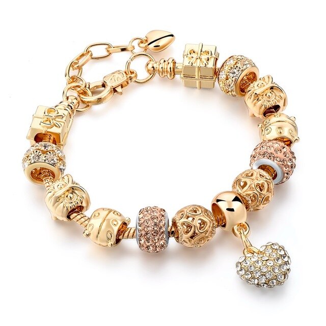 Gold-colored love charm bracelet for women with crystal heart