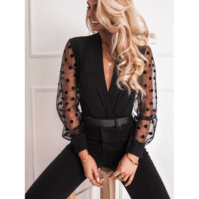 Black long-sleeved transparent blouse with small polka dots for women 2020 collection