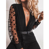 Black long-sleeved transparent blouse with small polka dots for women 2020 collection