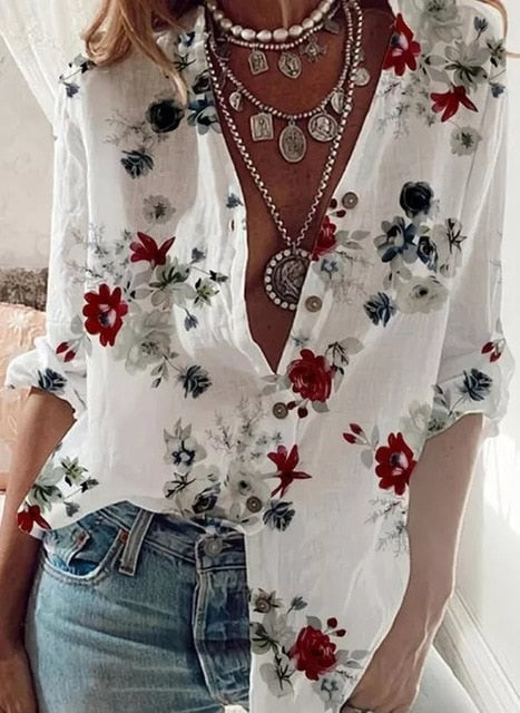 Loose floral blouse with mid-length sleeves for women - New collection 2021