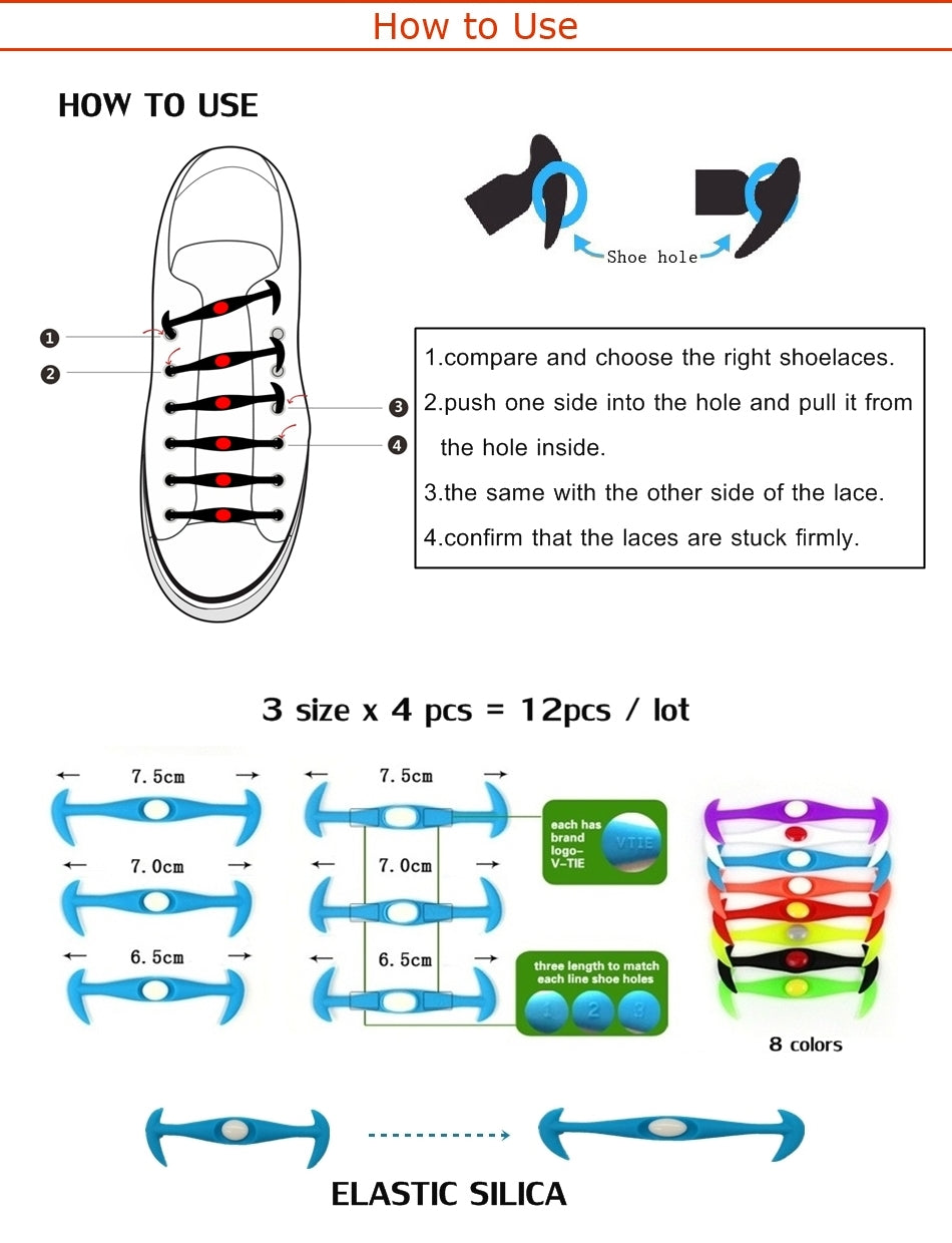 Paquet de 12 lacets sans nœuds en silicone et caoutchouc pour chaussures d'adulte