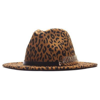 Chapeau vintage à motif léopard avec ceinture et plume dorée pour femme