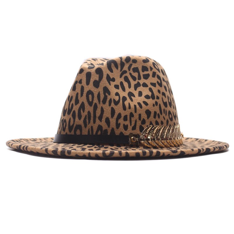 Chapeau vintage à motif léopard avec ceinture et plume dorée pour femme