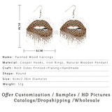 Round wooden earrings with leopard print luscious mouths for women