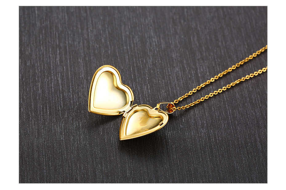Gold necklace with a heart locket for a photo frame for women