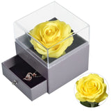 Rose éternelle dans sa boîte à bijoux avec son collier surprise à pendentif en cœur
