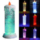 Lámpara de vela LED con agua y purpurina que cambia de color.
