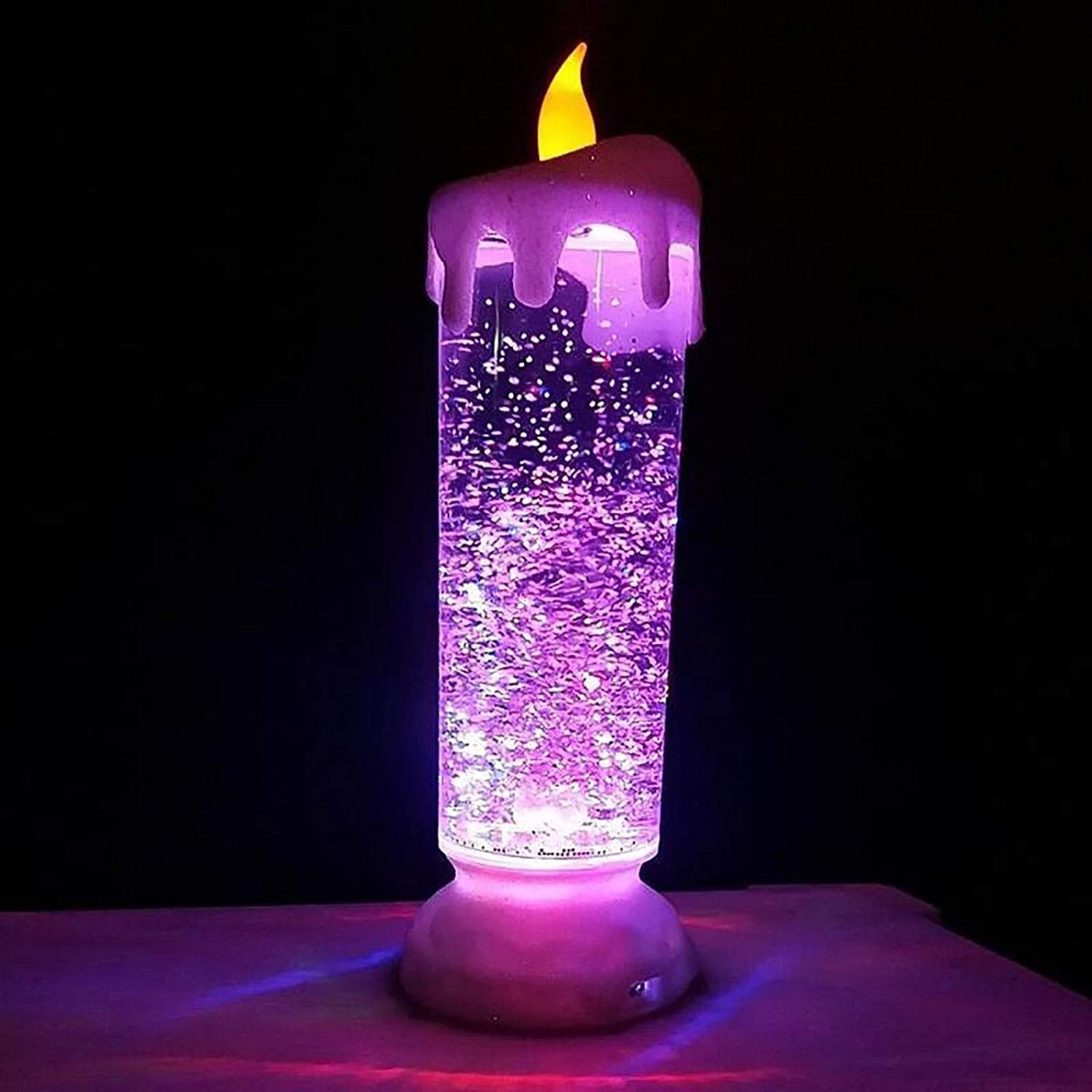 LED candle lamp with water and color-changing glitter