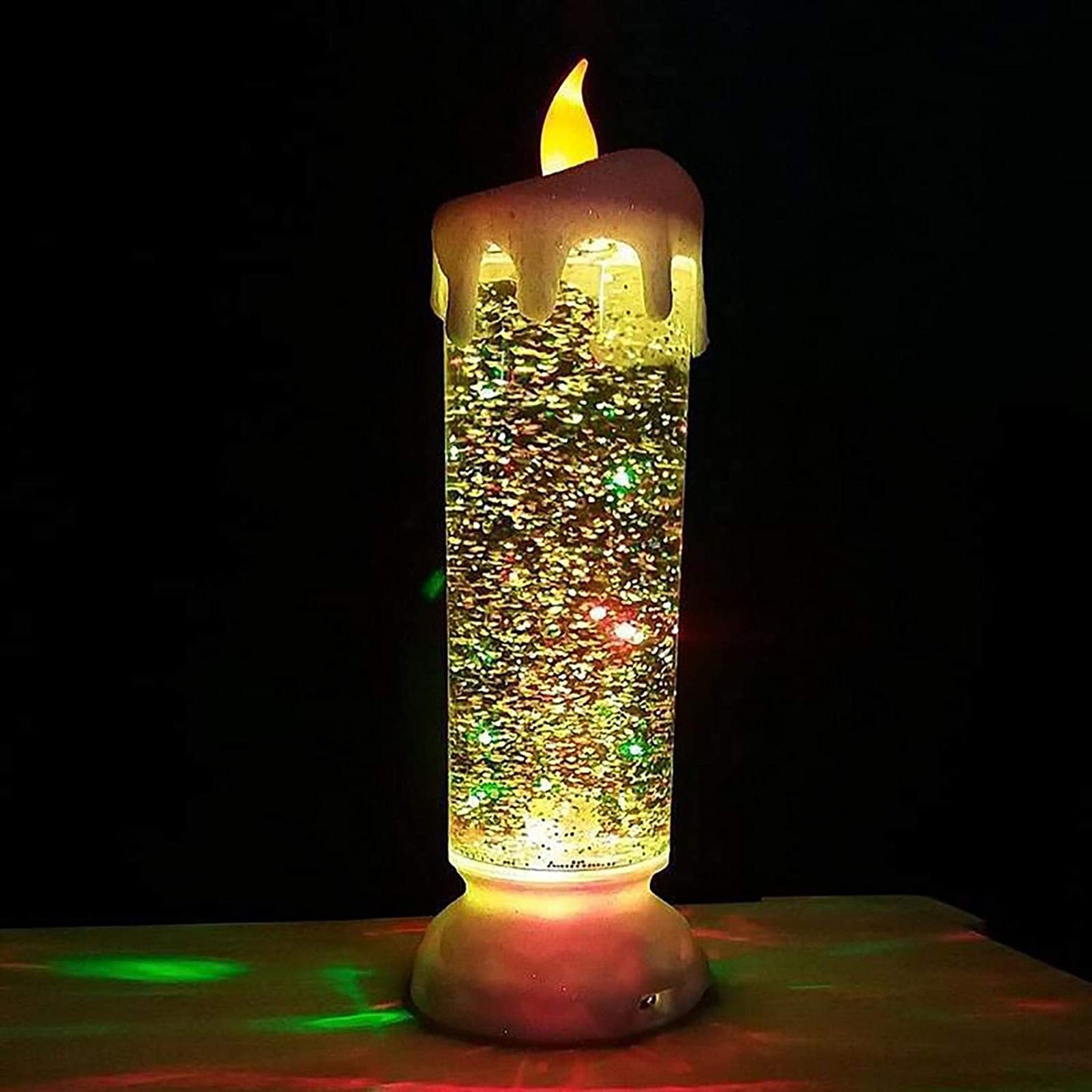 Lampe en bougie à lumière LED avec de l'eau et des paillettes qui changent de couleur